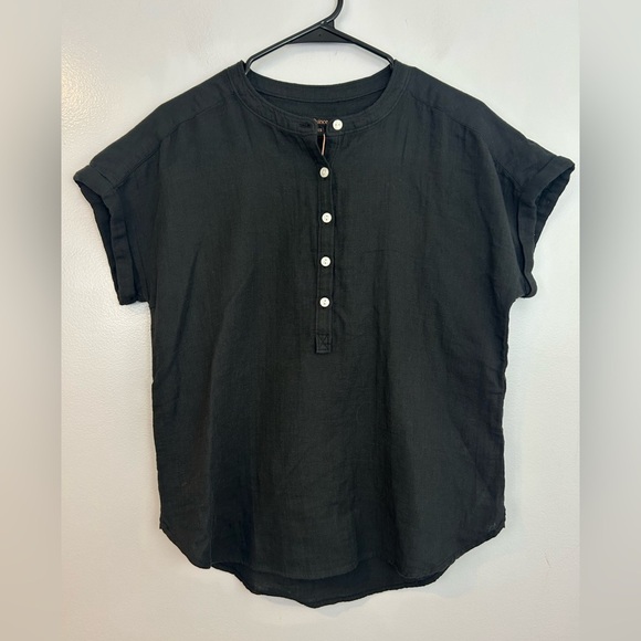 NWT Quince Gauze Short Roll Sleeve Button Front Black Top Size XS - Picture 1 of 10